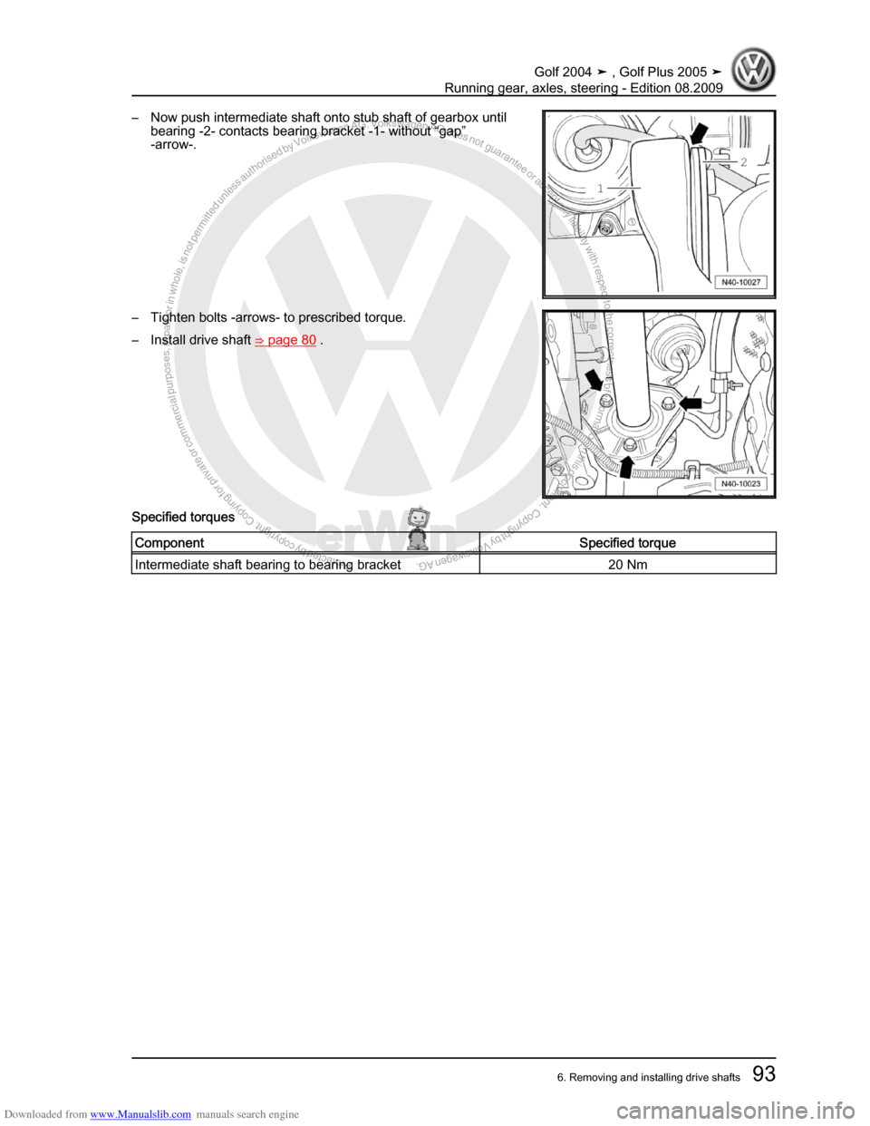 VOLKSWAGEN GOLF 2004 1J / 4.G Running Gear Axles Workshop Manual Downloaded from www.Manualslib.com manuals search engine Protected by copyright. Copying for private or commercial purposes, in partor in whole, is not permitted unless authorised by Volkswagen AG. Vo