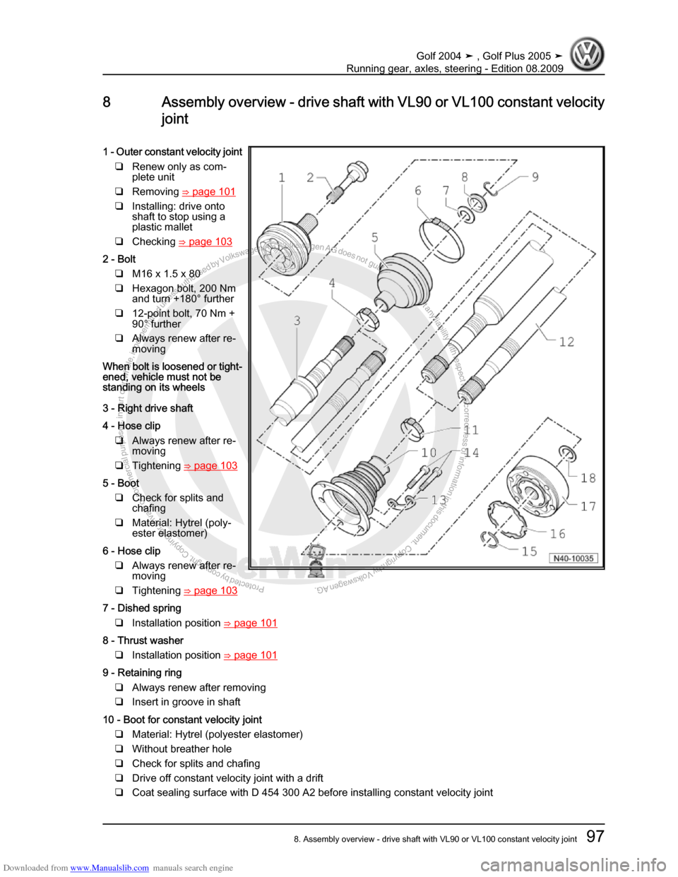 VOLKSWAGEN GOLF 2004 1J / 4.G Running Gear Axles Workshop Manual Downloaded from www.Manualslib.com manuals search engine Protected by copyright. Copying for private or commercial purposes, in partor in whole, is not permitted unless authorised by Volkswagen AG. Vo
