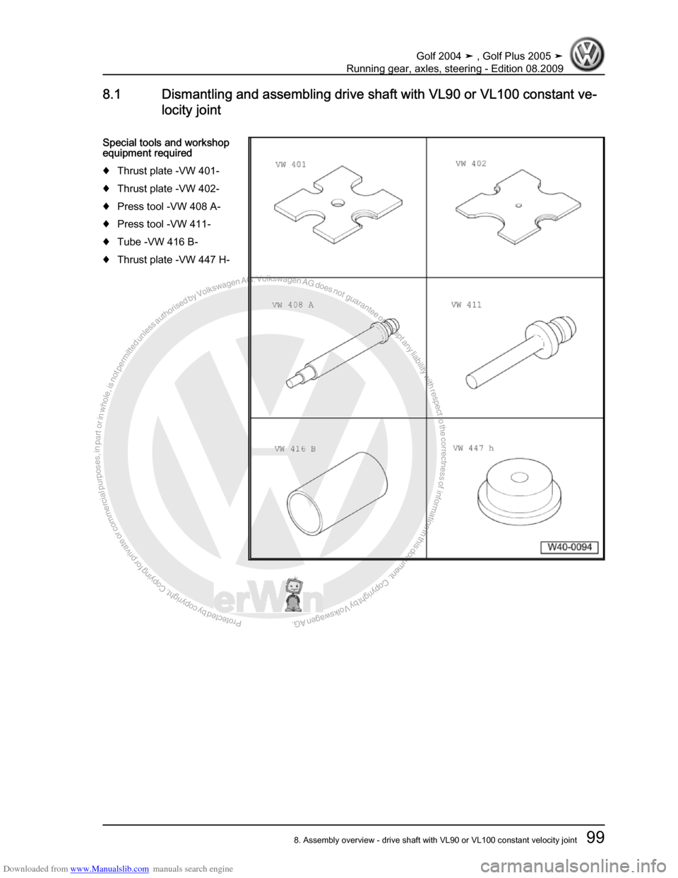 VOLKSWAGEN GOLF 2004 1J / 4.G Running Gear Axles Workshop Manual Downloaded from www.Manualslib.com manuals search engine Protected by copyright. Copying for private or commercial purposes, in partor in whole, is not permitted unless authorised by Volkswagen AG. Vo