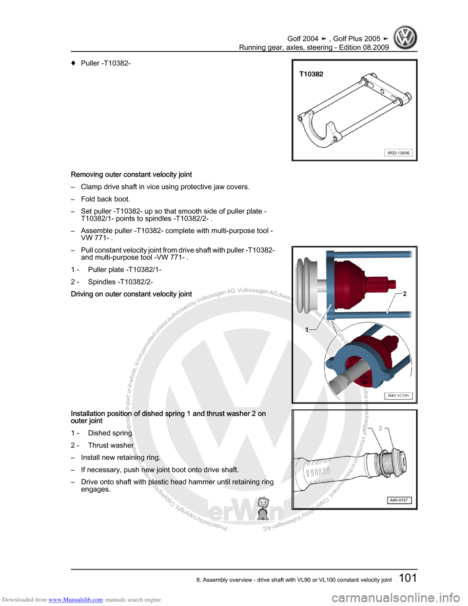 VOLKSWAGEN GOLF 2004 1J / 4.G Running Gear Axles Workshop Manual Downloaded from www.Manualslib.com manuals search engine Protected by copyright. Copying for private or commercial purposes, in partor in whole, is not permitted unless authorised by Volkswagen AG. Vo