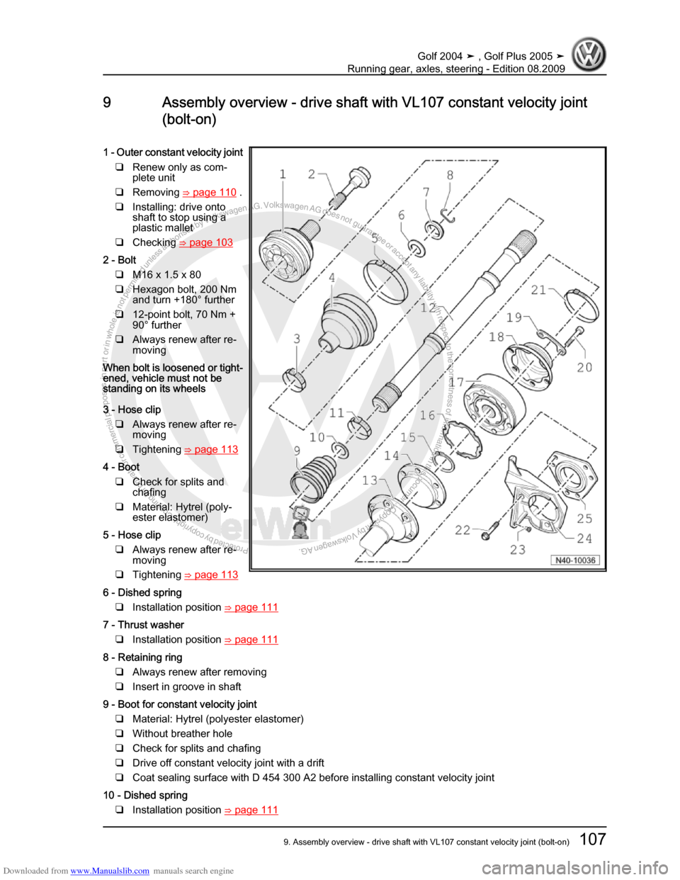 VOLKSWAGEN GOLF 2004 1J / 4.G Running Gear Axles Workshop Manual Downloaded from www.Manualslib.com manuals search engine Protected by copyright. Copying for private or commercial purposes, in partor in whole, is not permitted unless authorised by Volkswagen AG. Vo