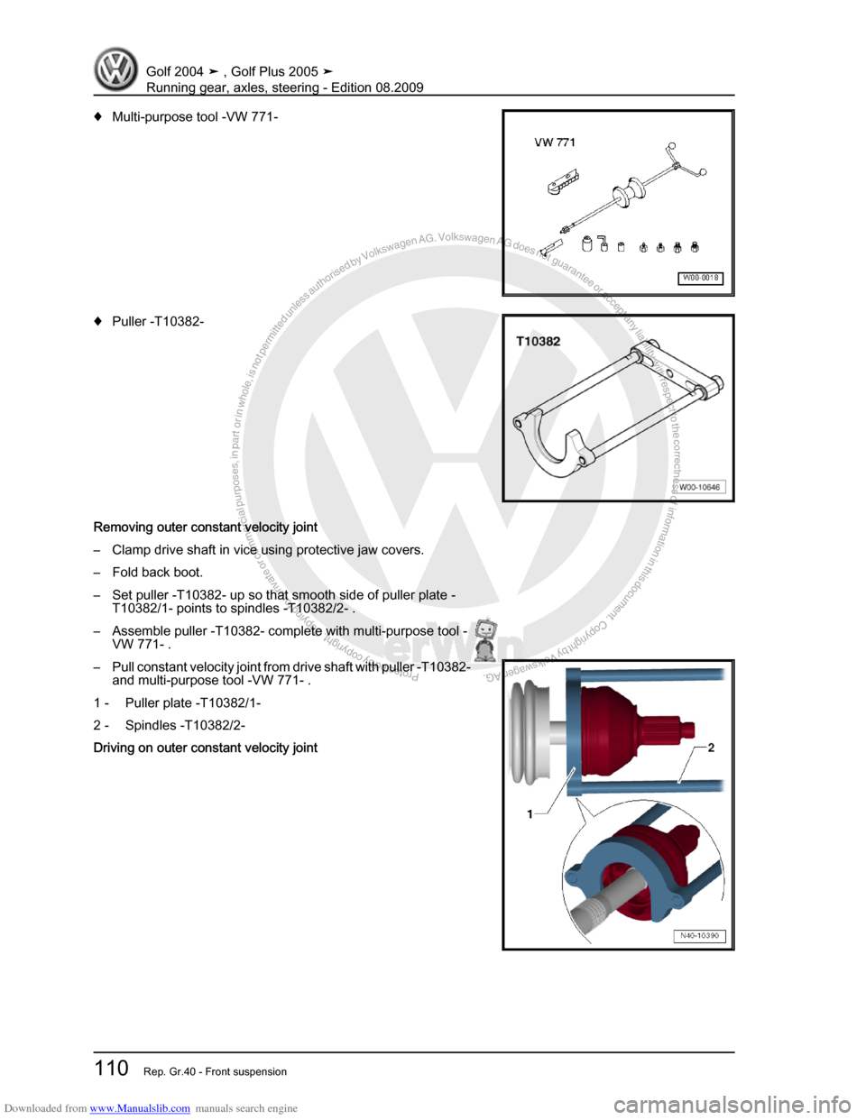 VOLKSWAGEN GOLF 2004 1J / 4.G Running Gear Axles Workshop Manual Downloaded from www.Manualslib.com manuals search engine Protected by copyright. Copying for private or commercial purposes, in partor in whole, is not permitted unless authorised by Volkswagen AG. Vo