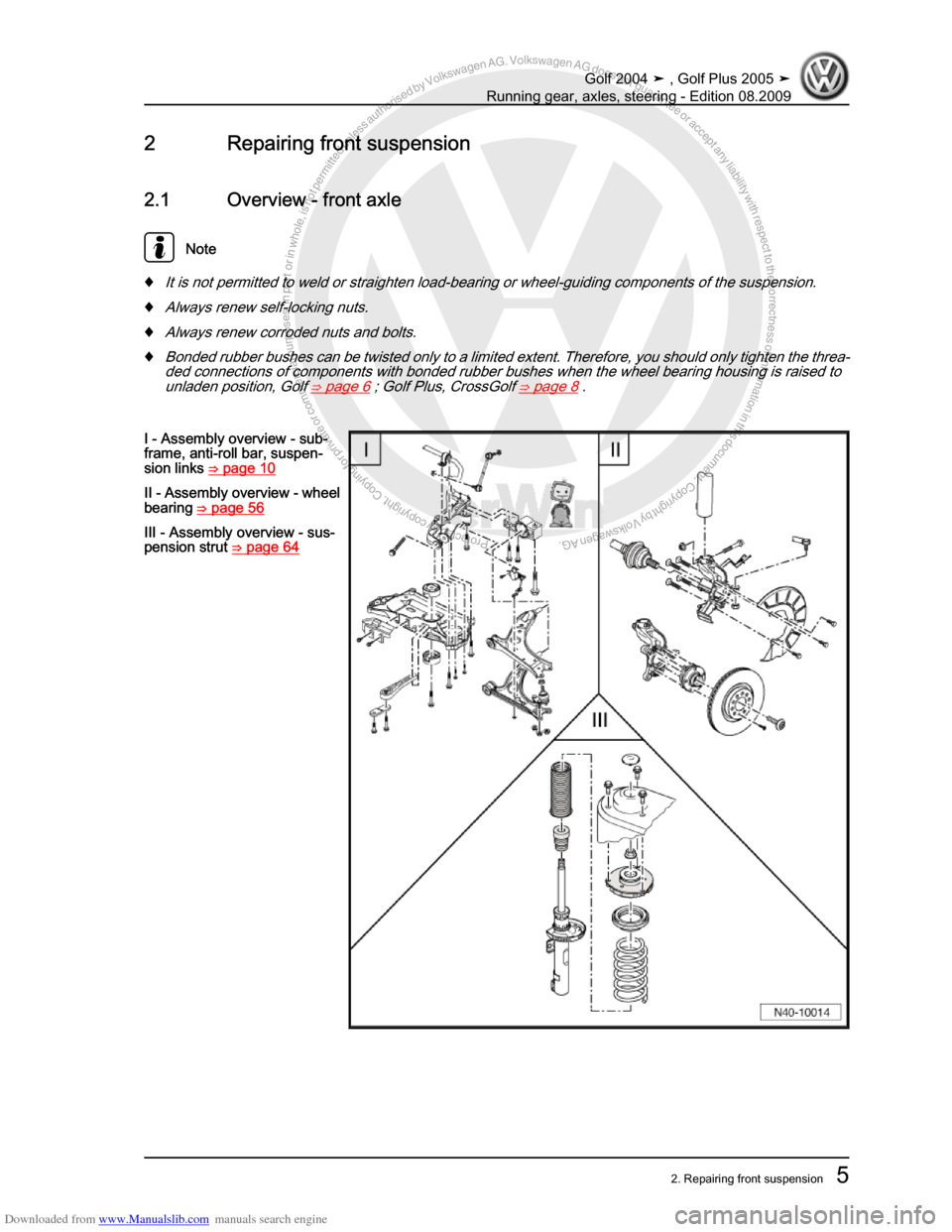 VOLKSWAGEN GOLF 2004 1J / 4.G Running Gear Axles User Guide Downloaded from www.Manualslib.com manuals search engine Protected by copyright. Copying for private or commercial purposes, in partor in whole, is not permitted unless authorised by Volkswagen AG. Vo