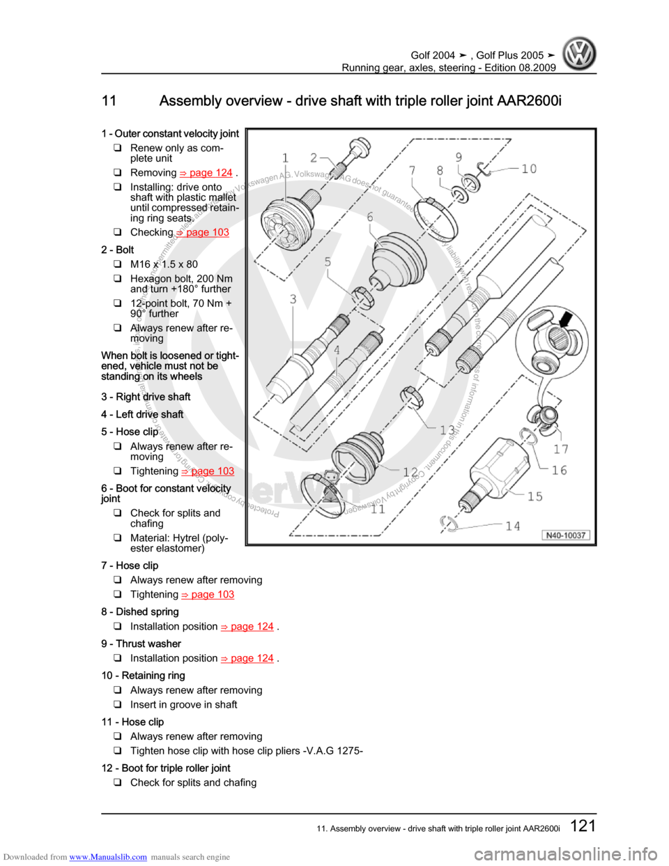 VOLKSWAGEN GOLF 2004 1J / 4.G Running Gear Axles Workshop Manual Downloaded from www.Manualslib.com manuals search engine Protected by copyright. Copying for private or commercial purposes, in partor in whole, is not permitted unless authorised by Volkswagen AG. Vo
