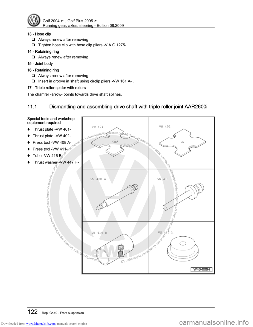 VOLKSWAGEN GOLF 2004 1J / 4.G Running Gear Axles Workshop Manual Downloaded from www.Manualslib.com manuals search engine Protected by copyright. Copying for private or commercial purposes, in partor in whole, is not permitted unless authorised by Volkswagen AG. Vo