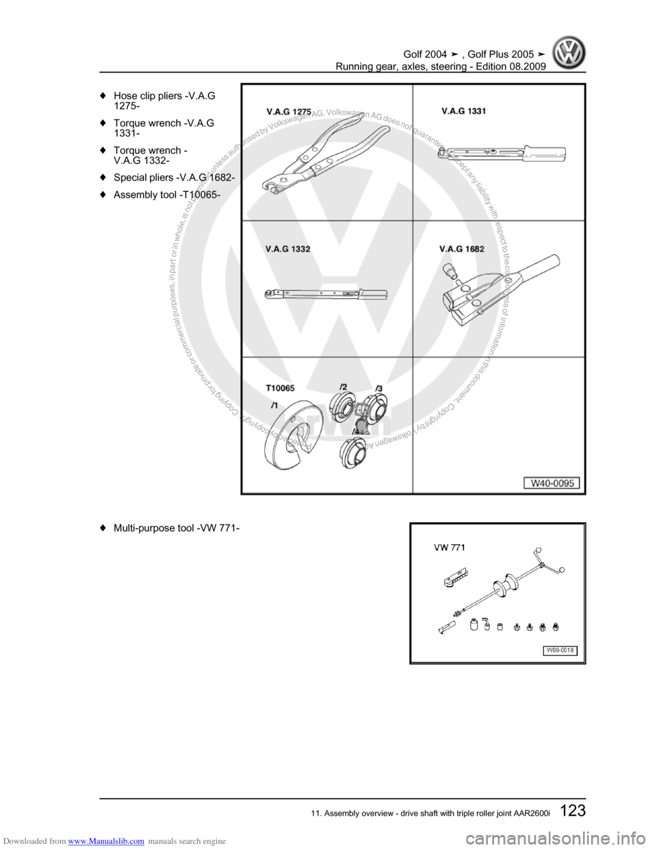 VOLKSWAGEN GOLF 2004 1J / 4.G Running Gear Axles Workshop Manual Downloaded from www.Manualslib.com manuals search engine Protected by copyright. Copying for private or commercial purposes, in partor in whole, is not permitted unless authorised by Volkswagen AG. Vo