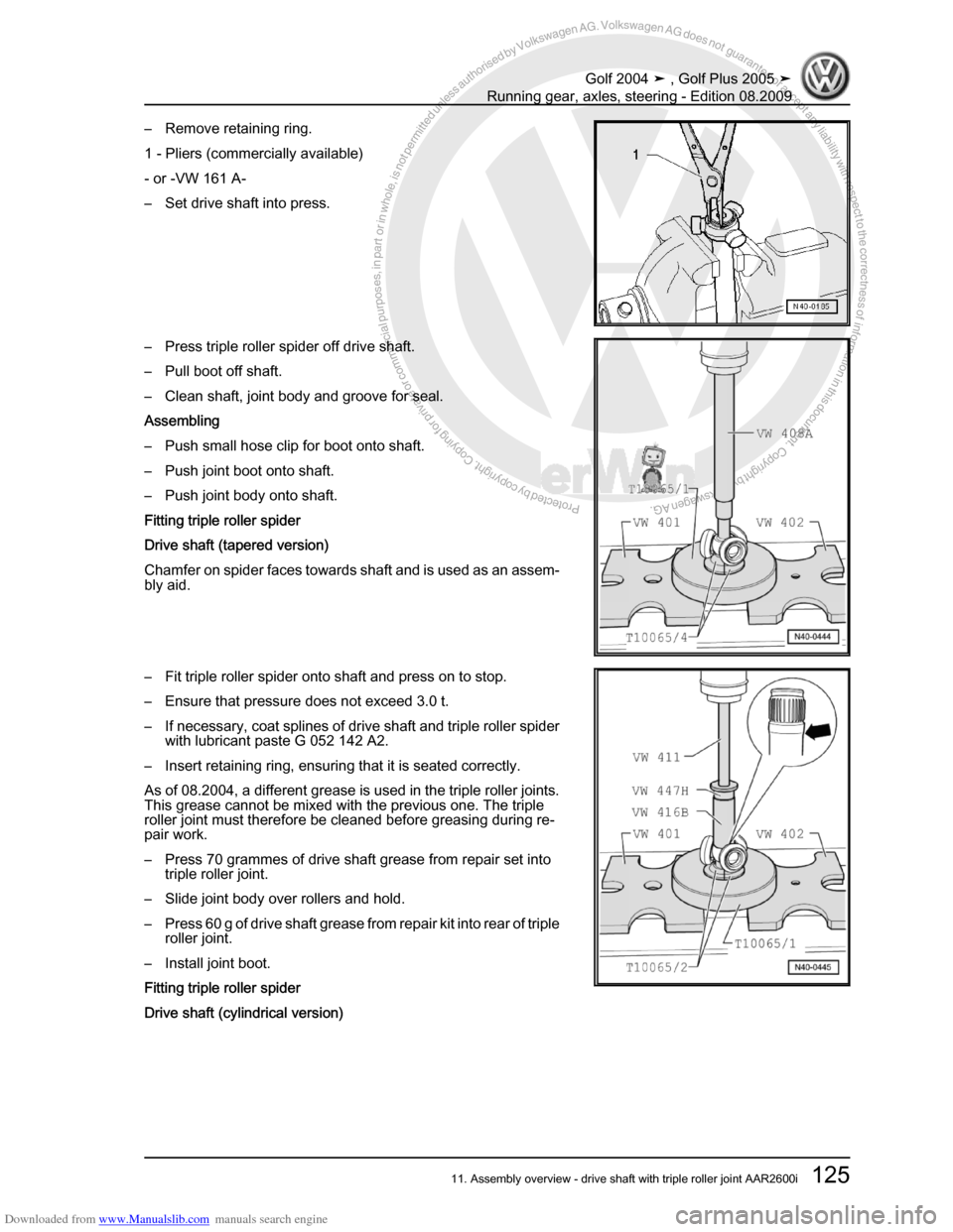 VOLKSWAGEN GOLF 2004 1J / 4.G Running Gear Axles Workshop Manual Downloaded from www.Manualslib.com manuals search engine Protected by copyright. Copying for private or commercial purposes, in partor in whole, is not permitted unless authorised by Volkswagen AG. Vo