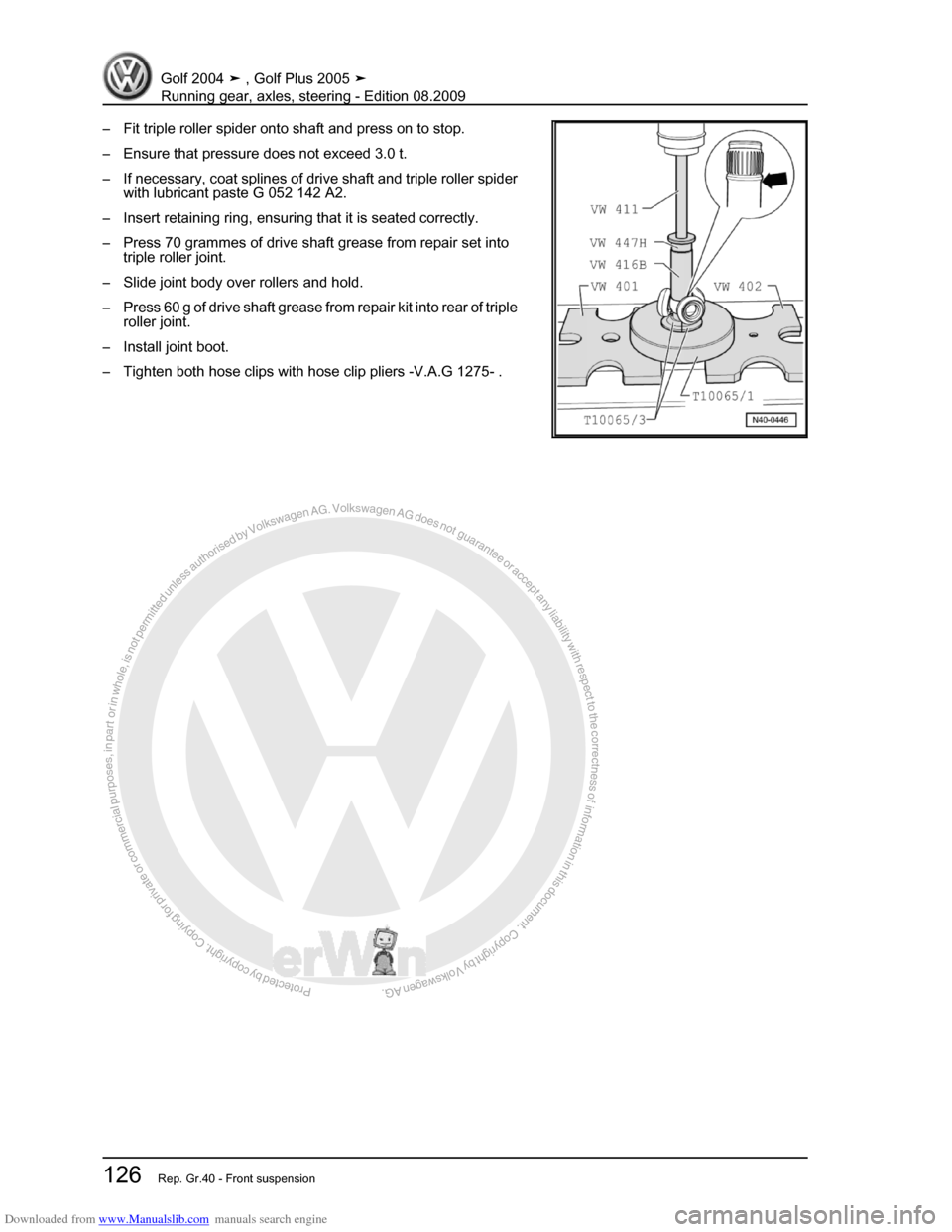 VOLKSWAGEN GOLF 2004 1J / 4.G Running Gear Axles Workshop Manual Downloaded from www.Manualslib.com manuals search engine Protected by copyright. Copying for private or commercial purposes, in partor in whole, is not permitted unless authorised by Volkswagen AG. Vo