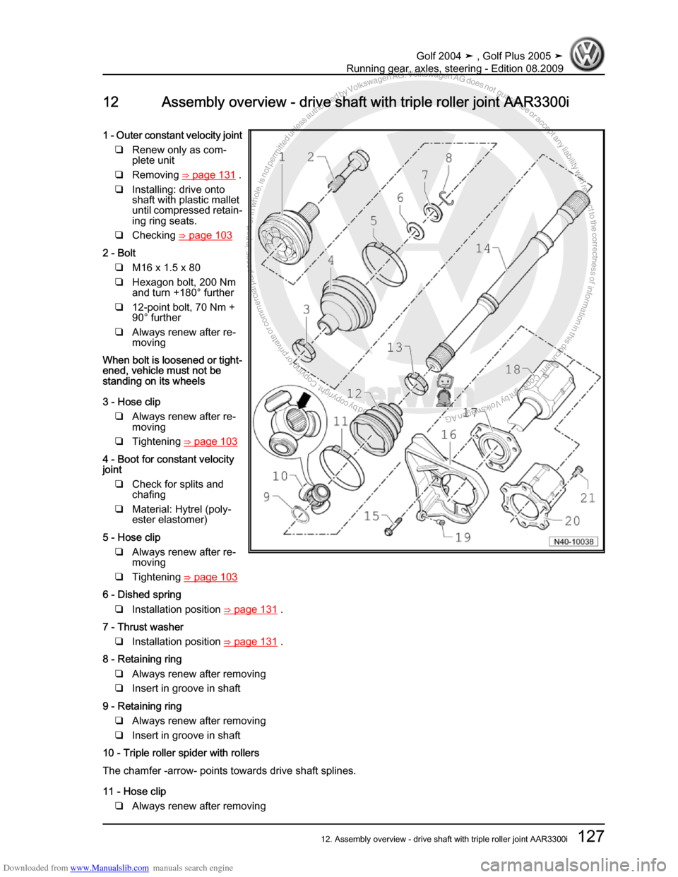 VOLKSWAGEN GOLF 2004 1J / 4.G Running Gear Axles Workshop Manual Downloaded from www.Manualslib.com manuals search engine Protected by copyright. Copying for private or commercial purposes, in partor in whole, is not permitted unless authorised by Volkswagen AG. Vo