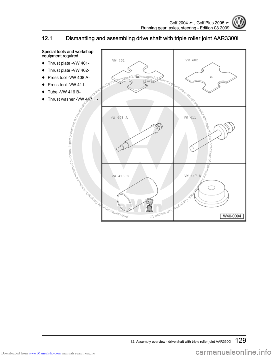 VOLKSWAGEN GOLF 2004 1J / 4.G Running Gear Axles Workshop Manual Downloaded from www.Manualslib.com manuals search engine Protected by copyright. Copying for private or commercial purposes, in partor in whole, is not permitted unless authorised by Volkswagen AG. Vo