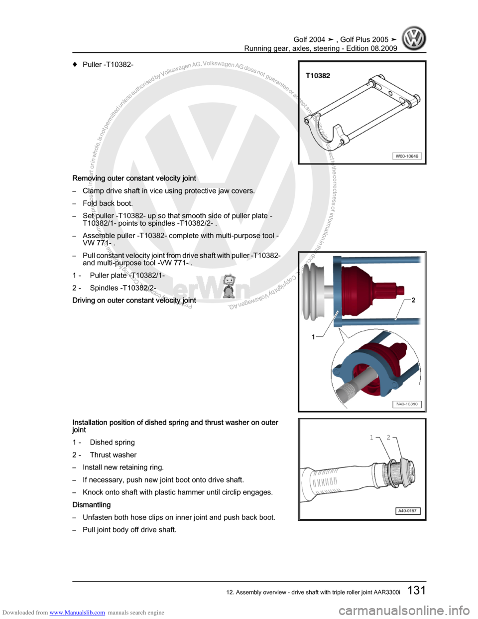 VOLKSWAGEN GOLF 2004 1J / 4.G Running Gear Axles Workshop Manual Downloaded from www.Manualslib.com manuals search engine Protected by copyright. Copying for private or commercial purposes, in partor in whole, is not permitted unless authorised by Volkswagen AG. Vo