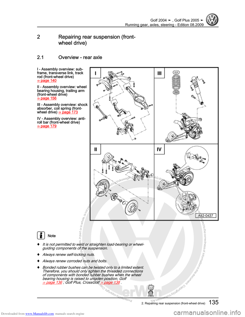 VOLKSWAGEN GOLF 2004 1J / 4.G Running Gear Axles Workshop Manual Downloaded from www.Manualslib.com manuals search engine Protected by copyright. Copying for private or commercial purposes, in partor in whole, is not permitted unless authorised by Volkswagen AG. Vo