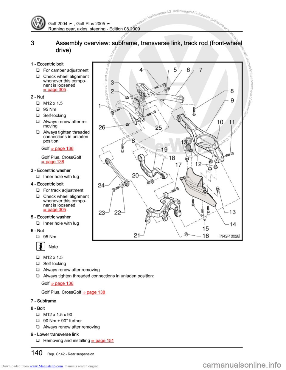 VOLKSWAGEN GOLF 2004 1J / 4.G Running Gear Axles Workshop Manual Downloaded from www.Manualslib.com manuals search engine Protected by copyright. Copying for private or commercial purposes, in partor in whole, is not permitted unless authorised by Volkswagen AG. Vo
