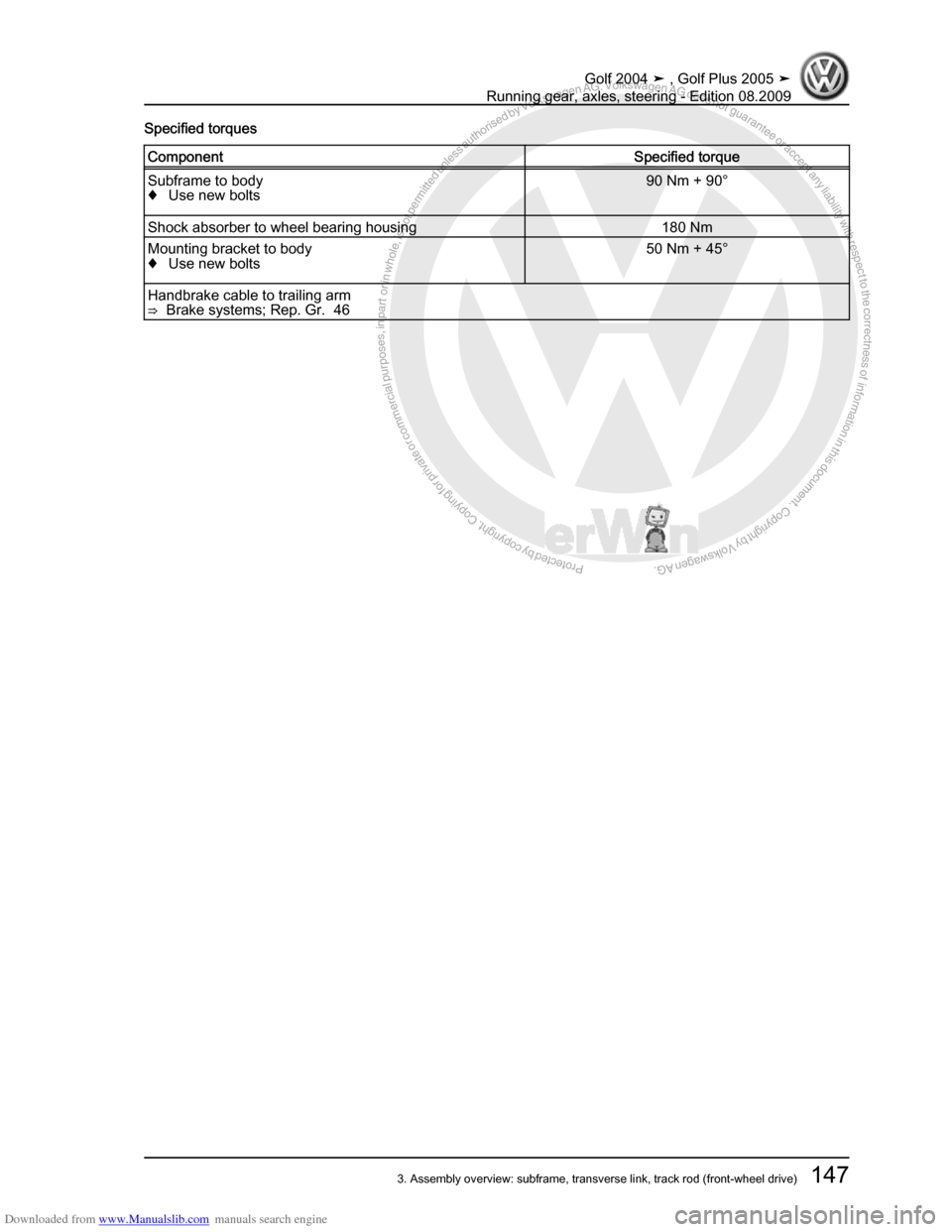 VOLKSWAGEN GOLF 2004 1J / 4.G Running Gear Axles Workshop Manual Downloaded from www.Manualslib.com manuals search engine Protected by copyright. Copying for private or commercial purposes, in partor in whole, is not permitted unless authorised by Volkswagen AG. Vo