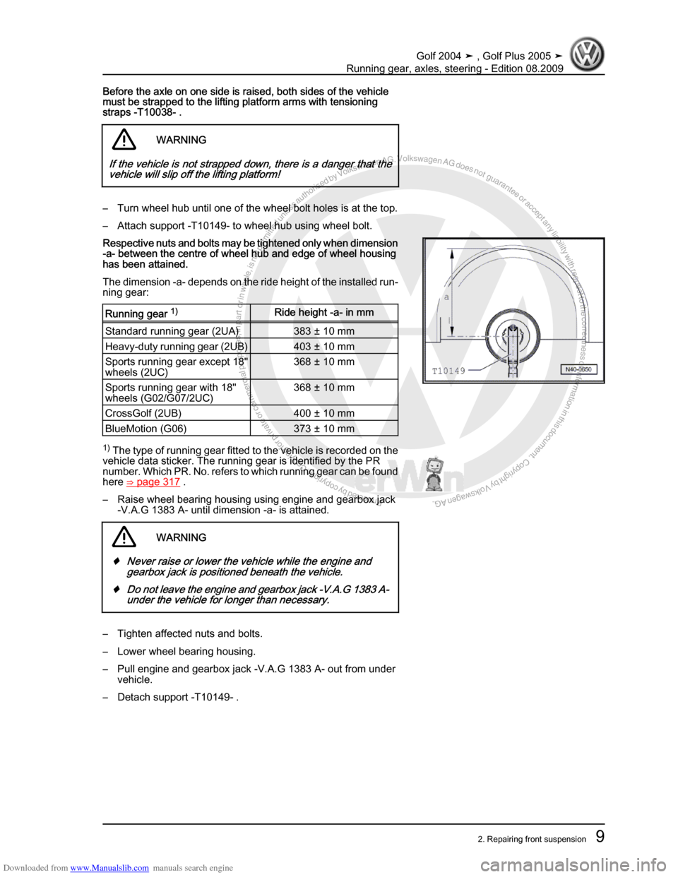 VOLKSWAGEN GOLF 2004 1J / 4.G Running Gear Axles User Guide Downloaded from www.Manualslib.com manuals search engine Protected by copyright. Copying for private or commercial purposes, in partor in whole, is not permitted unless authorised by Volkswagen AG. Vo