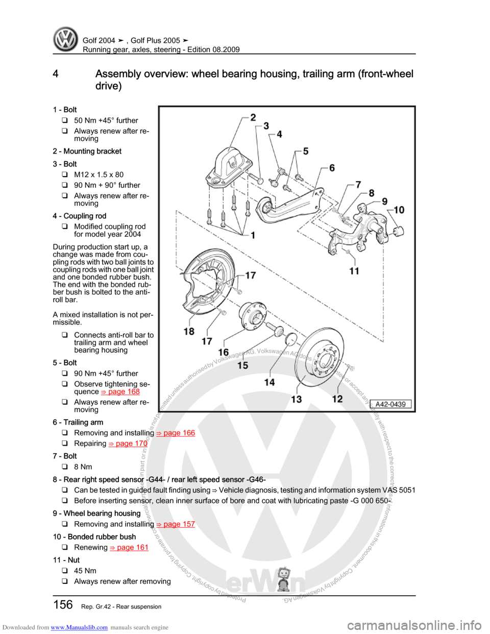 VOLKSWAGEN GOLF 2004 1J / 4.G Running Gear Axles Workshop Manual Downloaded from www.Manualslib.com manuals search engine Protected by copyright. Copying for private or commercial purposes, in partor in whole, is not permitted unless authorised by Volkswagen AG. Vo