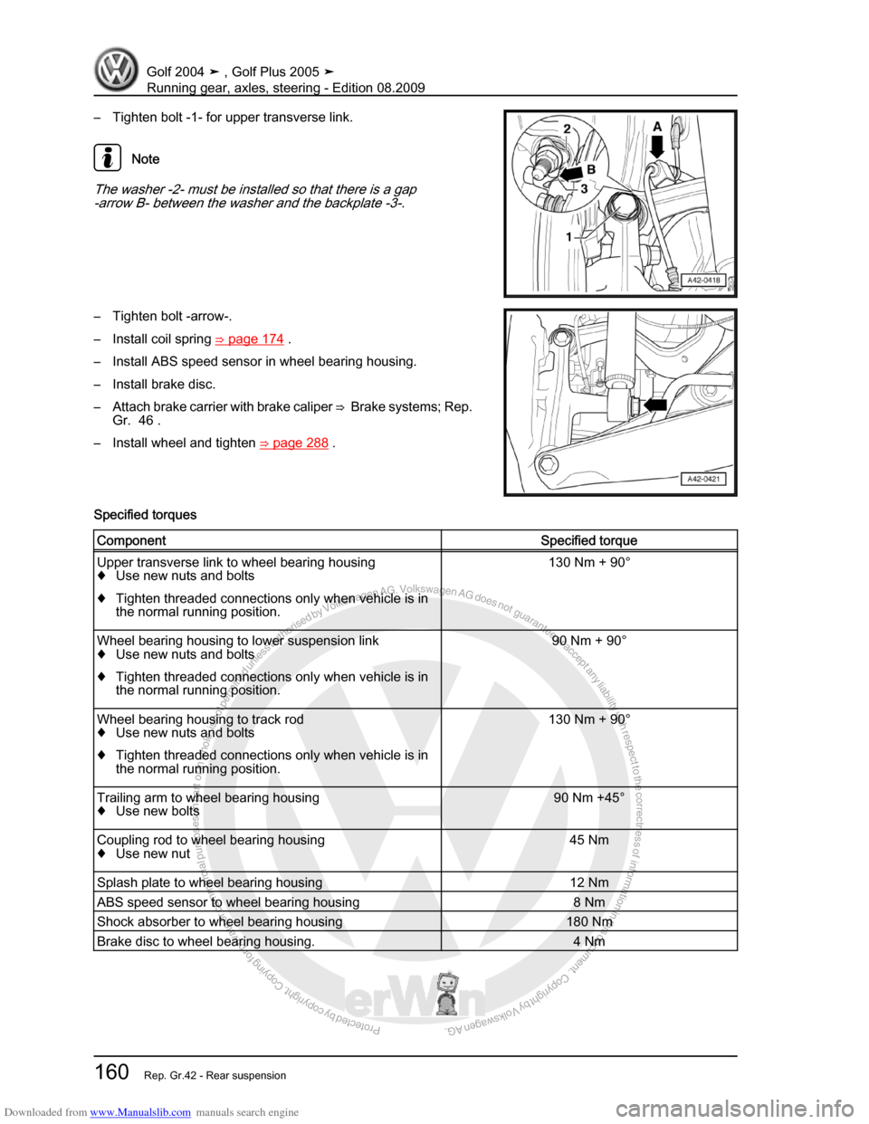 VOLKSWAGEN GOLF 2004 1J / 4.G Running Gear Axles Workshop Manual Downloaded from www.Manualslib.com manuals search engine Protected by copyright. Copying for private or commercial purposes, in partor in whole, is not permitted unless authorised by Volkswagen AG. Vo
