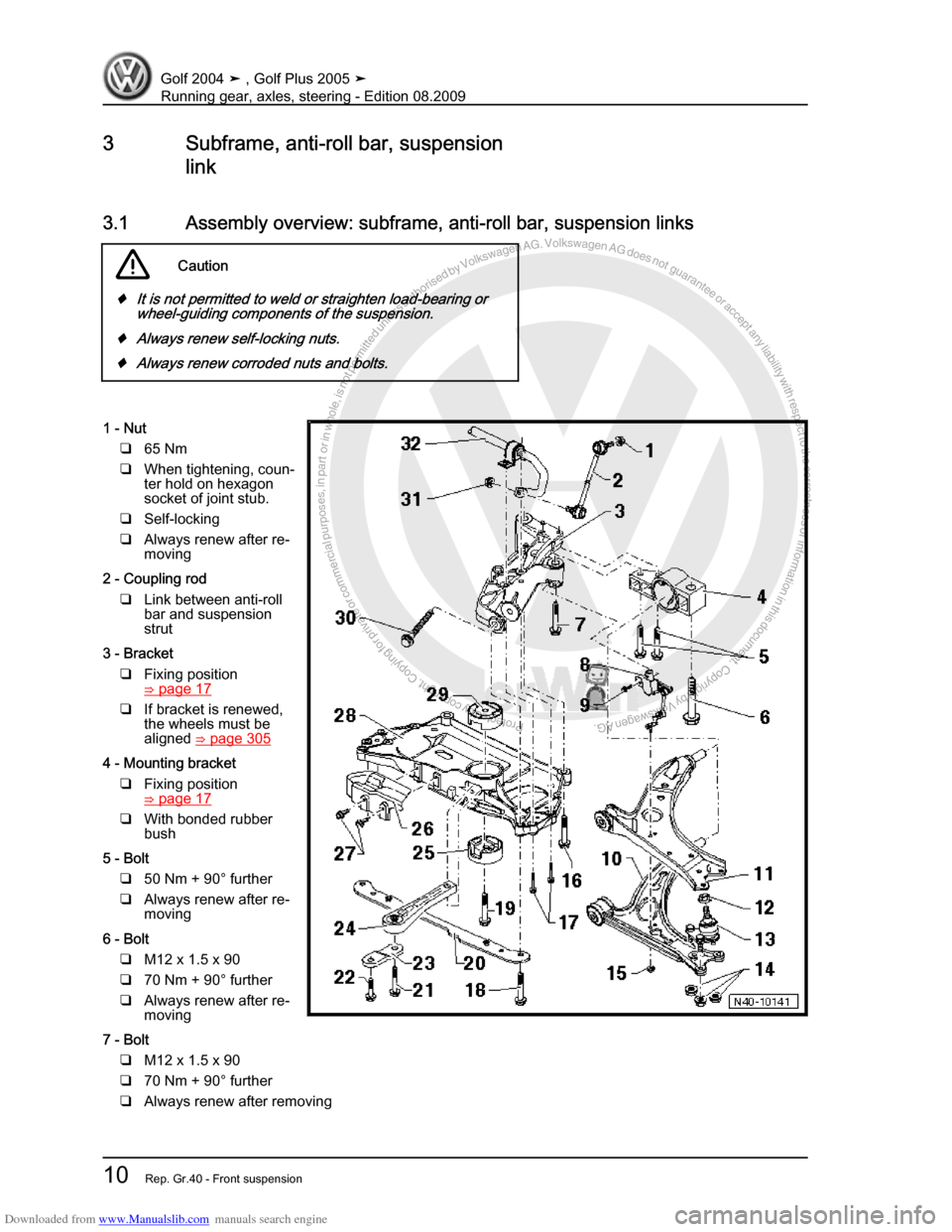 VOLKSWAGEN GOLF 2004 1J / 4.G Running Gear Axles User Guide Downloaded from www.Manualslib.com manuals search engine Protected by copyright. Copying for private or commercial purposes, in partor in whole, is not permitted unless authorised by Volkswagen AG. Vo