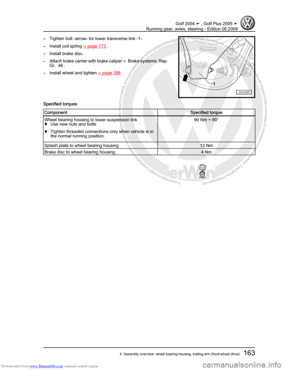 VOLKSWAGEN GOLF 2004 1J / 4.G Running Gear Axles Workshop Manual Downloaded from www.Manualslib.com manuals search engine Protected by copyright. Copying for private or commercial purposes, in partor in whole, is not permitted unless authorised by Volkswagen AG. Vo
