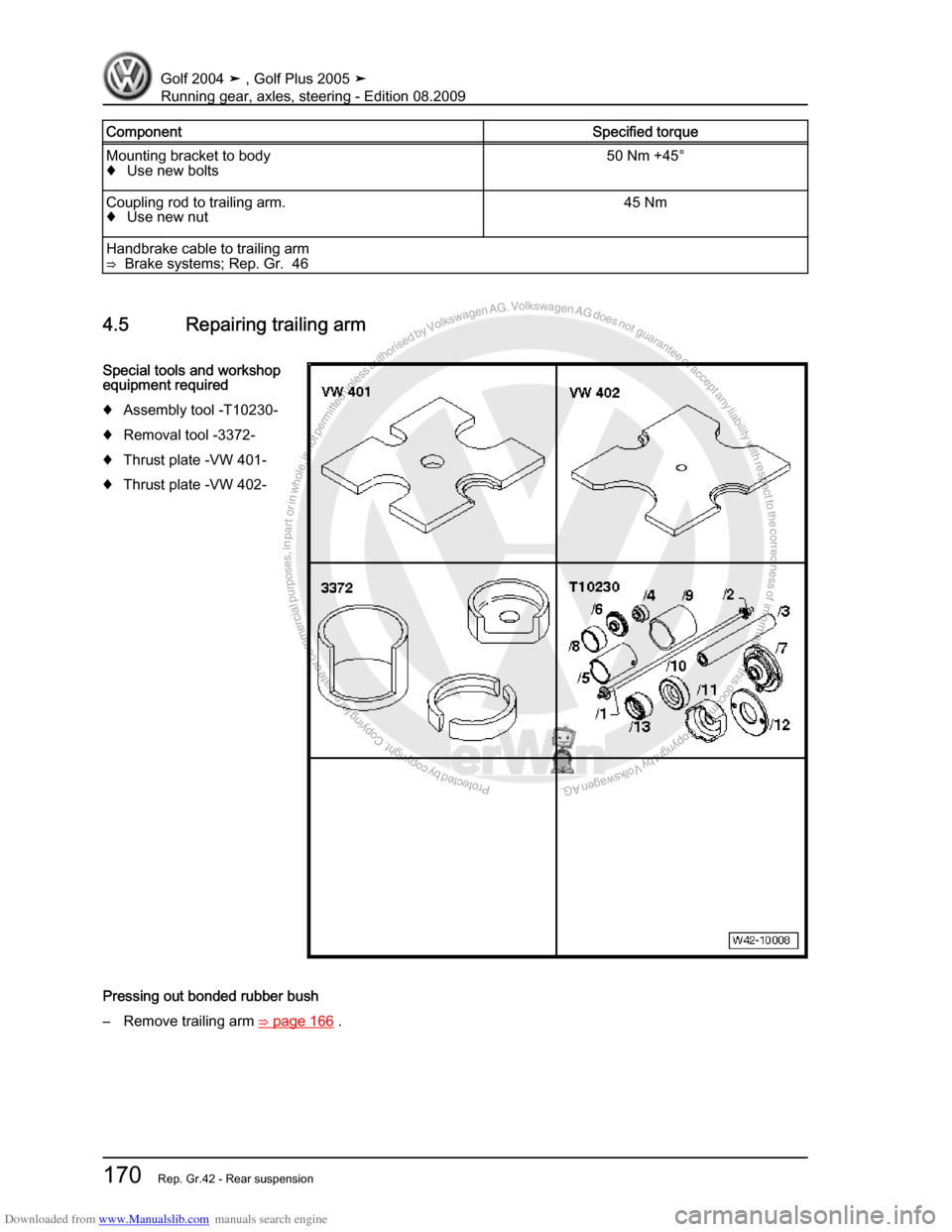 VOLKSWAGEN GOLF 2004 1J / 4.G Running Gear Axles Workshop Manual Downloaded from www.Manualslib.com manuals search engine Protected by copyright. Copying for private or commercial purposes, in partor in whole, is not permitted unless authorised by Volkswagen AG. Vo