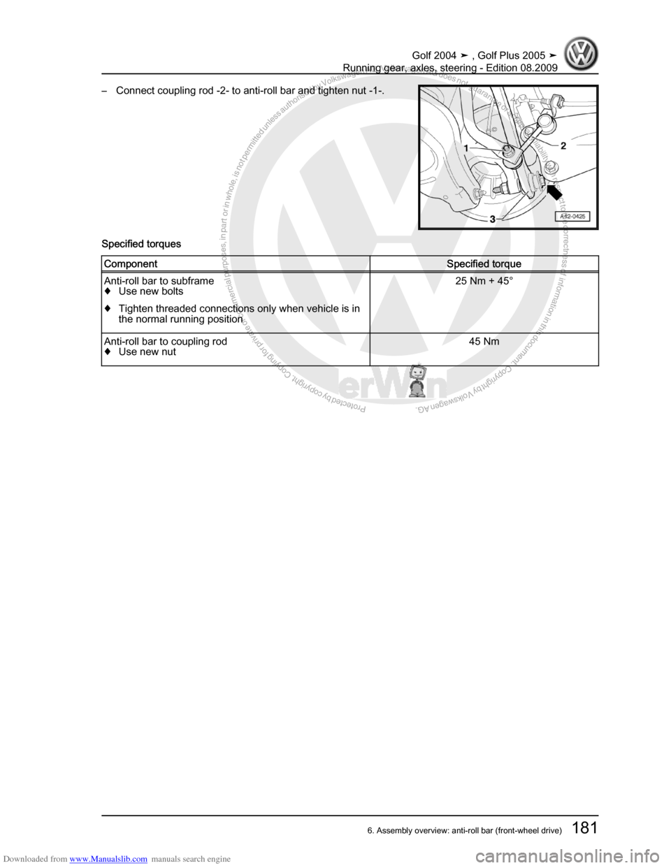 VOLKSWAGEN GOLF 2004 1J / 4.G Running Gear Axles Workshop Manual Downloaded from www.Manualslib.com manuals search engine Protected by copyright. Copying for private or commercial purposes, in partor in whole, is not permitted unless authorised by Volkswagen AG. Vo