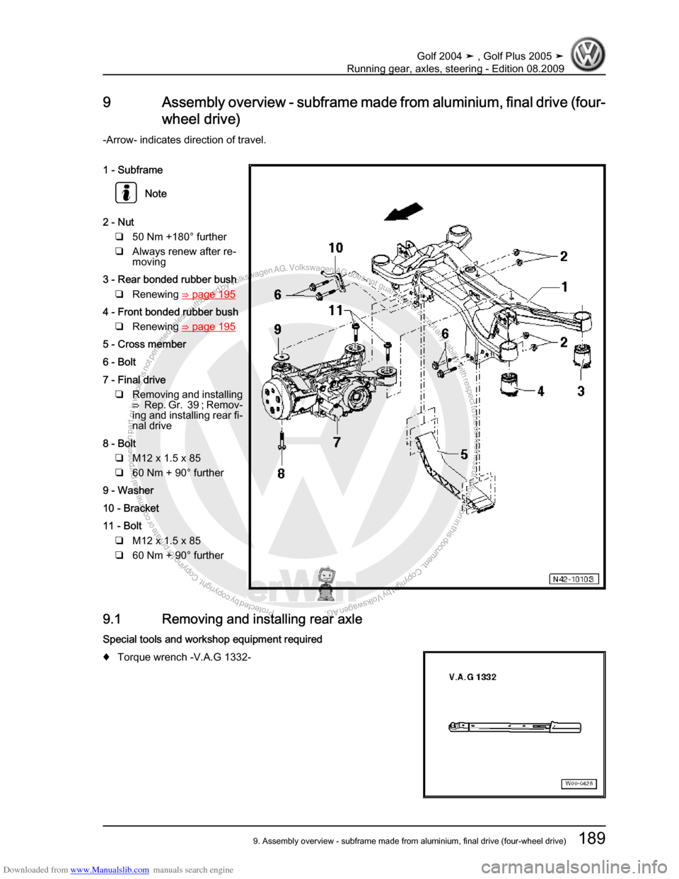 VOLKSWAGEN GOLF 2004 1J / 4.G Running Gear Axles Workshop Manual Downloaded from www.Manualslib.com manuals search engine Protected by copyright. Copying for private or commercial purposes, in partor in whole, is not permitted unless authorised by Volkswagen AG. Vo
