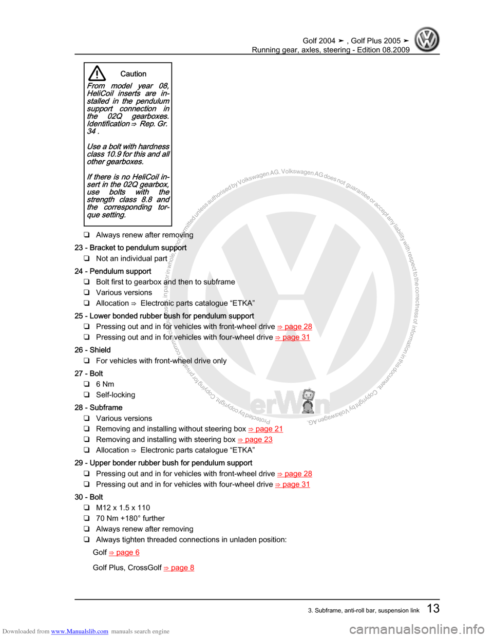 VOLKSWAGEN GOLF 2004 1J / 4.G Running Gear Axles Owners Manual Downloaded from www.Manualslib.com manuals search engine Protected by copyright. Copying for private or commercial purposes, in partor in whole, is not permitted unless authorised by Volkswagen AG. Vo