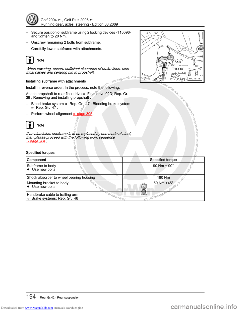 VOLKSWAGEN GOLF 2004 1J / 4.G Running Gear Axles Workshop Manual Downloaded from www.Manualslib.com manuals search engine Protected by copyright. Copying for private or commercial purposes, in partor in whole, is not permitted unless authorised by Volkswagen AG. Vo