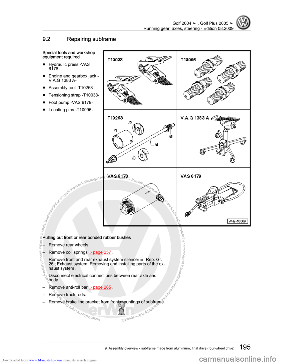 VOLKSWAGEN GOLF 2004 1J / 4.G Running Gear Axles Workshop Manual Downloaded from www.Manualslib.com manuals search engine Protected by copyright. Copying for private or commercial purposes, in partor in whole, is not permitted unless authorised by Volkswagen AG. Vo