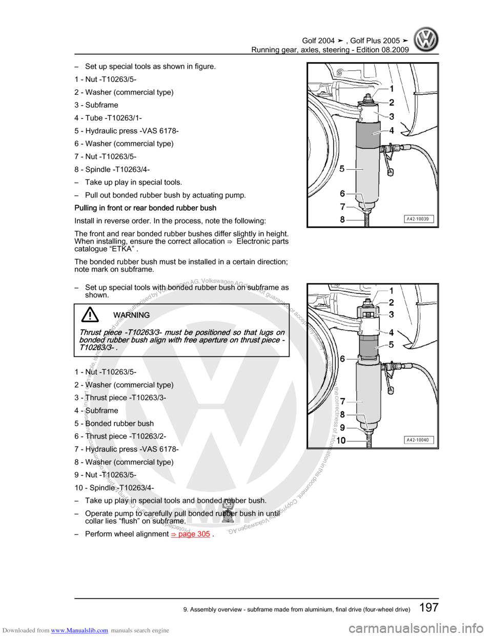 VOLKSWAGEN GOLF 2004 1J / 4.G Running Gear Axles Workshop Manual Downloaded from www.Manualslib.com manuals search engine Protected by copyright. Copying for private or commercial purposes, in partor in whole, is not permitted unless authorised by Volkswagen AG. Vo