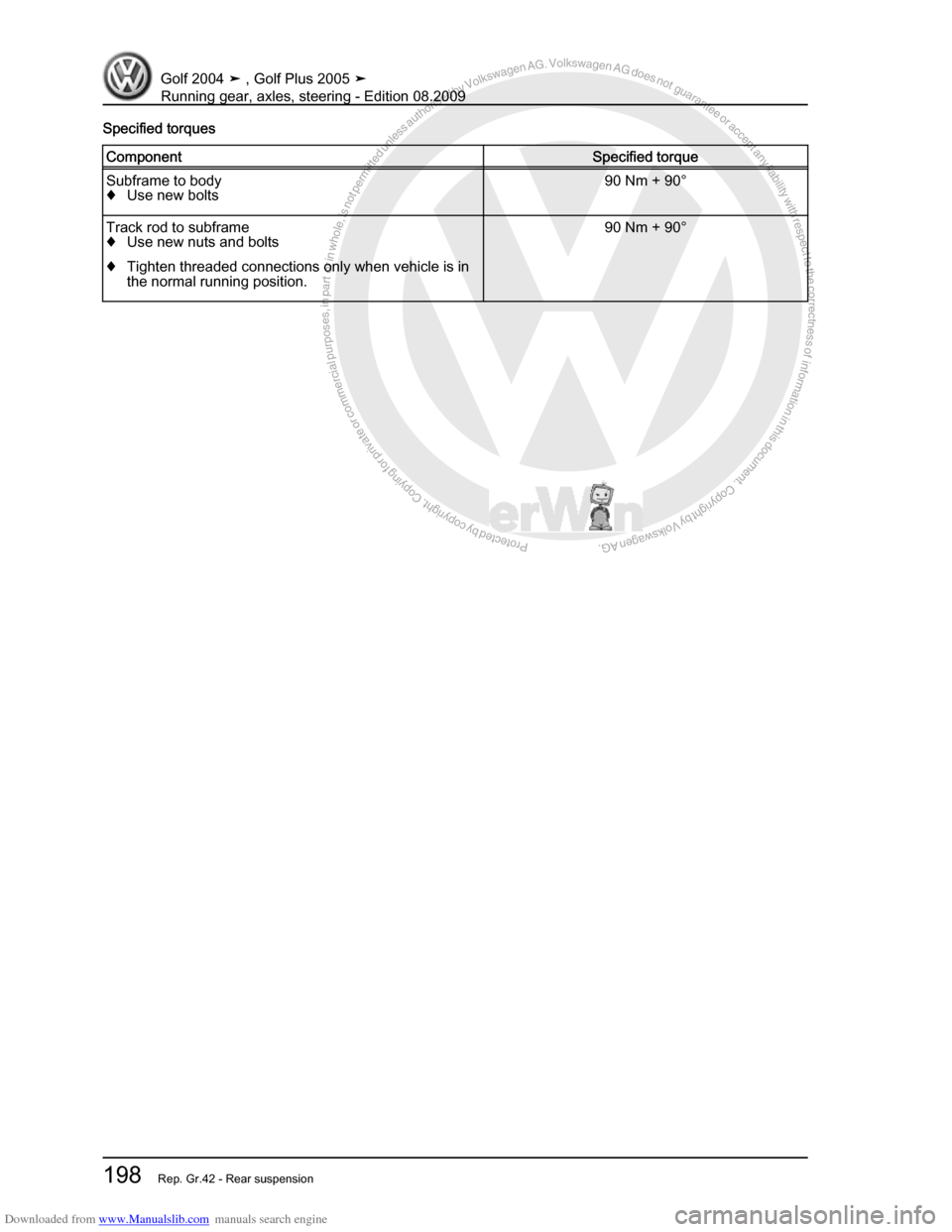 VOLKSWAGEN GOLF 2004 1J / 4.G Running Gear Axles Workshop Manual Downloaded from www.Manualslib.com manuals search engine Protected by copyright. Copying for private or commercial purposes, in partor in whole, is not permitted unless authorised by Volkswagen AG. Vo
