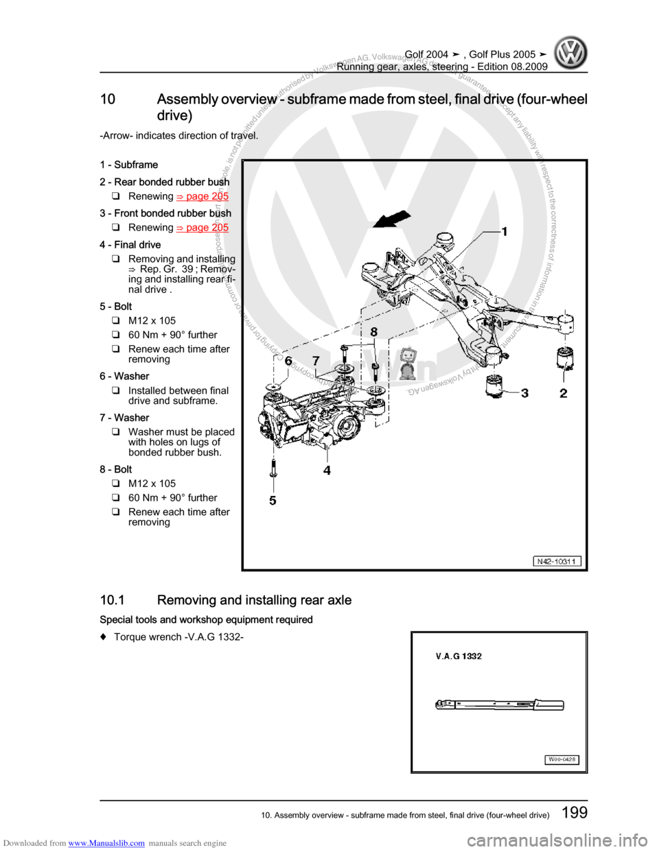 VOLKSWAGEN GOLF 2004 1J / 4.G Running Gear Axles Workshop Manual Downloaded from www.Manualslib.com manuals search engine Protected by copyright. Copying for private or commercial purposes, in partor in whole, is not permitted unless authorised by Volkswagen AG. Vo