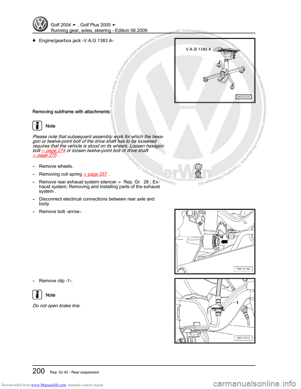 VOLKSWAGEN GOLF 2004 1J / 4.G Running Gear Axles Workshop Manual Downloaded from www.Manualslib.com manuals search engine Protected by copyright. Copying for private or commercial purposes, in partor in whole, is not permitted unless authorised by Volkswagen AG. Vo