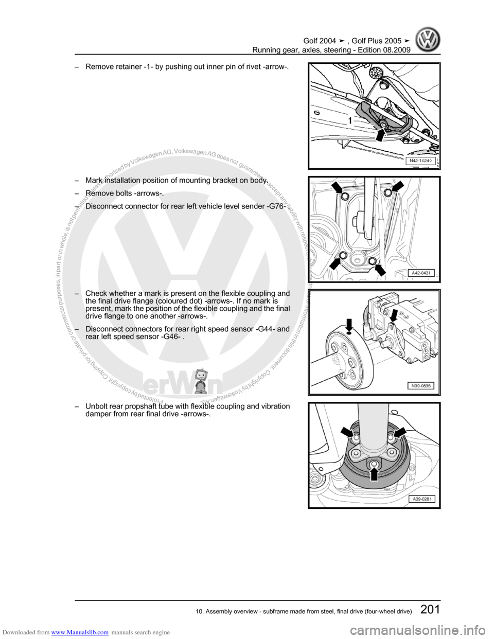 VOLKSWAGEN GOLF 2004 1J / 4.G Running Gear Axles Workshop Manual Downloaded from www.Manualslib.com manuals search engine Protected by copyright. Copying for private or commercial purposes, in partor in whole, is not permitted unless authorised by Volkswagen AG. Vo