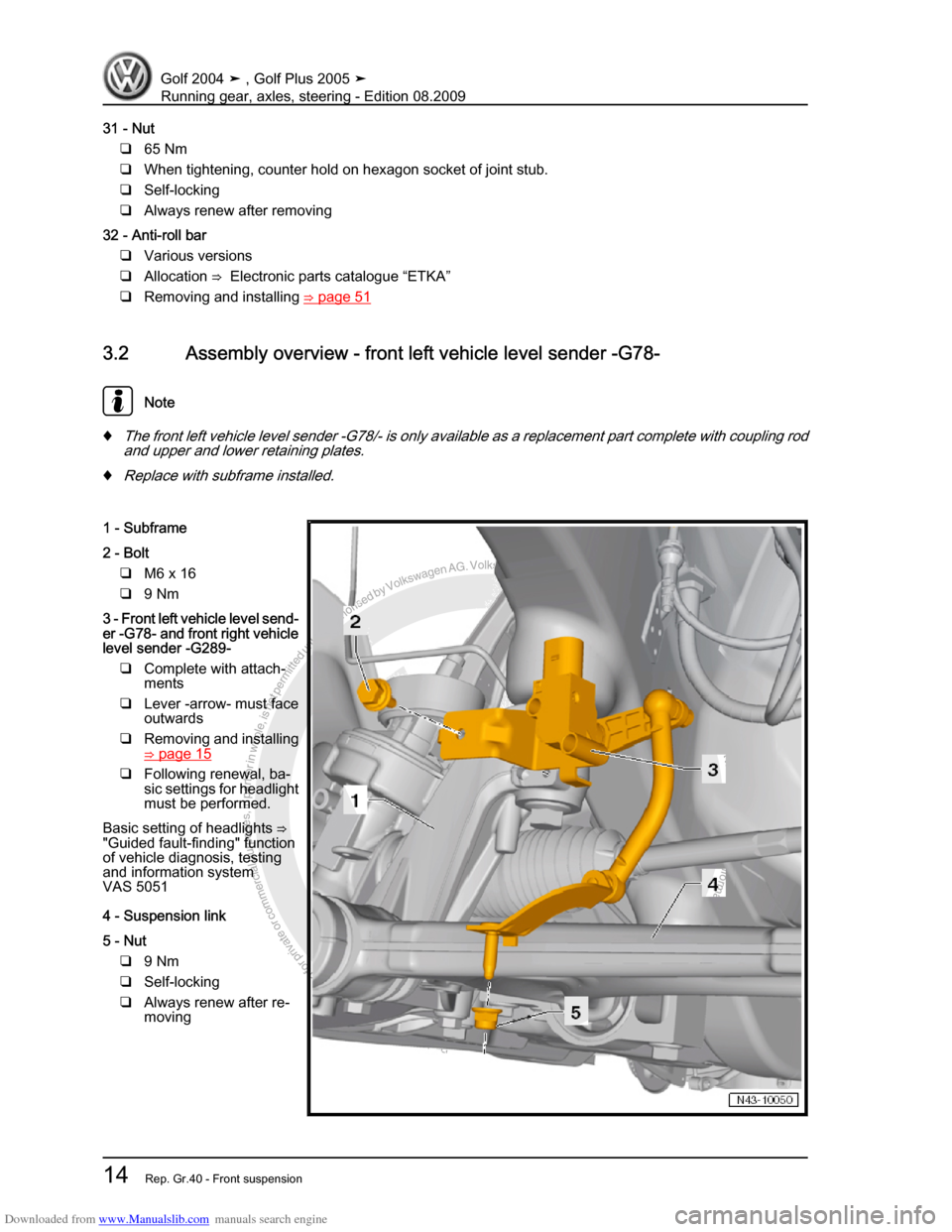 VOLKSWAGEN GOLF 2004 1J / 4.G Running Gear Axles Owners Manual Downloaded from www.Manualslib.com manuals search engine Protected by copyright. Copying for private or commercial purposes, in partor in whole, is not permitted unless authorised by Volkswagen AG. Vo