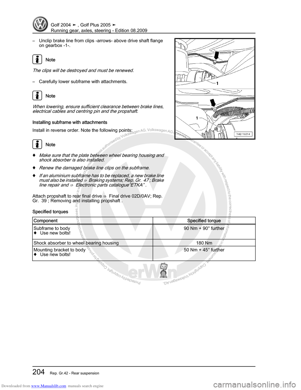 VOLKSWAGEN GOLF 2004 1J / 4.G Running Gear Axles Workshop Manual Downloaded from www.Manualslib.com manuals search engine Protected by copyright. Copying for private or commercial purposes, in partor in whole, is not permitted unless authorised by Volkswagen AG. Vo