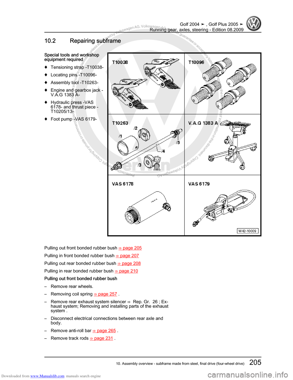 VOLKSWAGEN GOLF 2004 1J / 4.G Running Gear Axles Workshop Manual Downloaded from www.Manualslib.com manuals search engine Protected by copyright. Copying for private or commercial purposes, in partor in whole, is not permitted unless authorised by Volkswagen AG. Vo