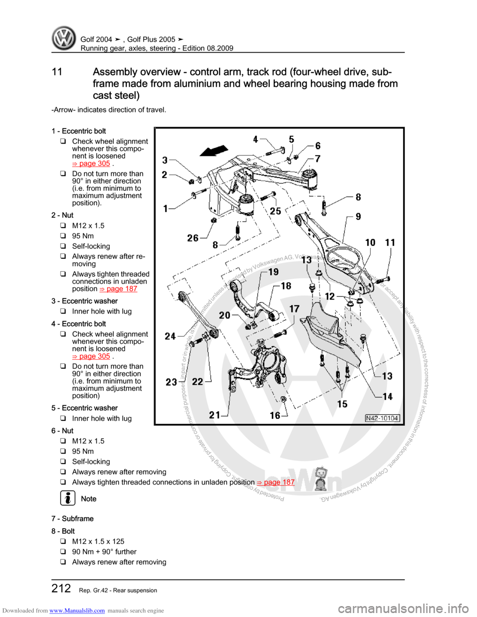 VOLKSWAGEN GOLF 2004 1J / 4.G Running Gear Axles Workshop Manual Downloaded from www.Manualslib.com manuals search engine Protected by copyright. Copying for private or commercial purposes, in partor in whole, is not permitted unless authorised by Volkswagen AG. Vo