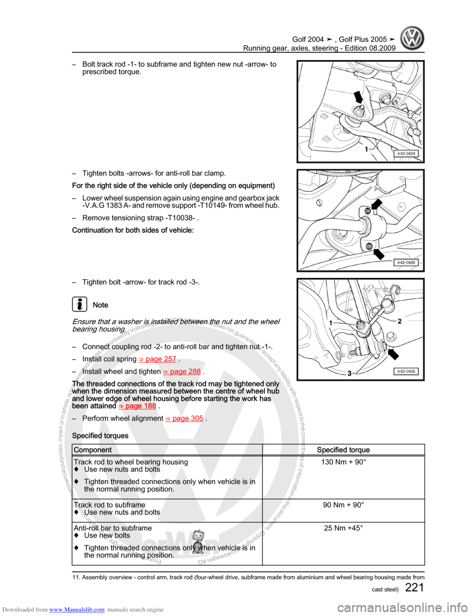 VOLKSWAGEN GOLF 2004 1J / 4.G Running Gear Axles Workshop Manual Downloaded from www.Manualslib.com manuals search engine Protected by copyright. Copying for private or commercial purposes, in partor in whole, is not permitted unless authorised by Volkswagen AG. Vo