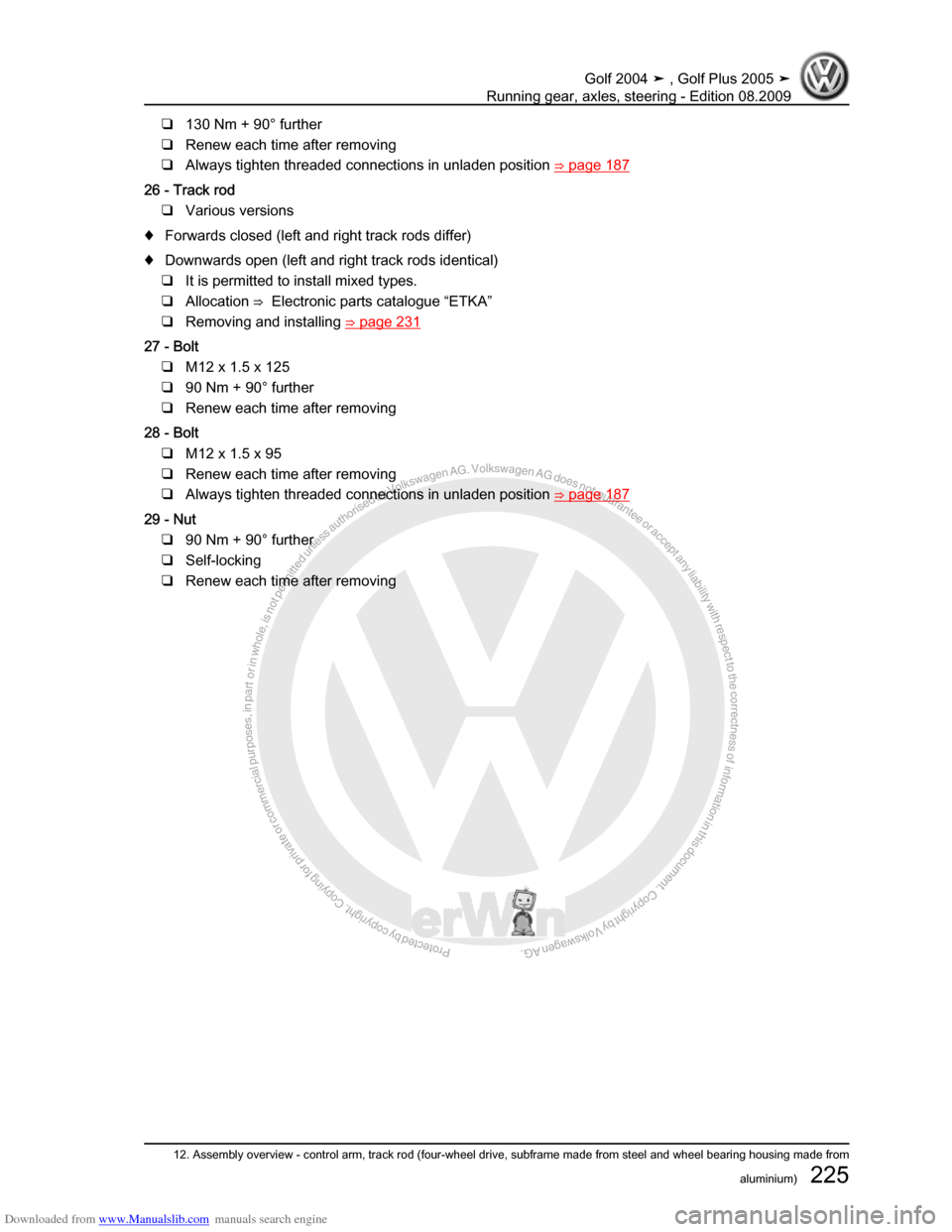 VOLKSWAGEN GOLF 2004 1J / 4.G Running Gear Axles Workshop Manual Downloaded from www.Manualslib.com manuals search engine Protected by copyright. Copying for private or commercial purposes, in partor in whole, is not permitted unless authorised by Volkswagen AG. Vo