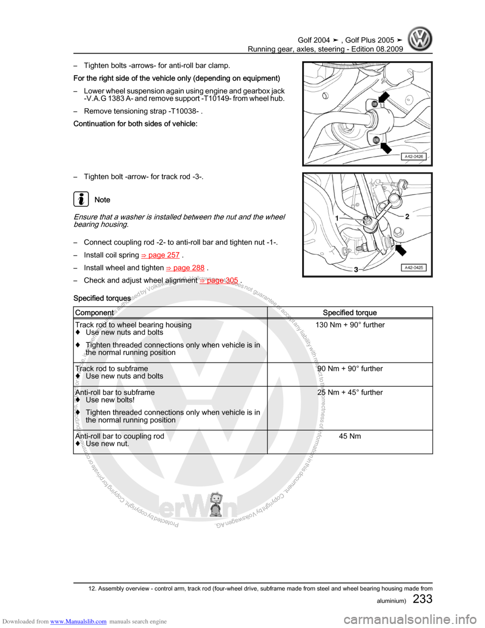 VOLKSWAGEN GOLF 2004 1J / 4.G Running Gear Axles Workshop Manual Downloaded from www.Manualslib.com manuals search engine Protected by copyright. Copying for private or commercial purposes, in partor in whole, is not permitted unless authorised by Volkswagen AG. Vo