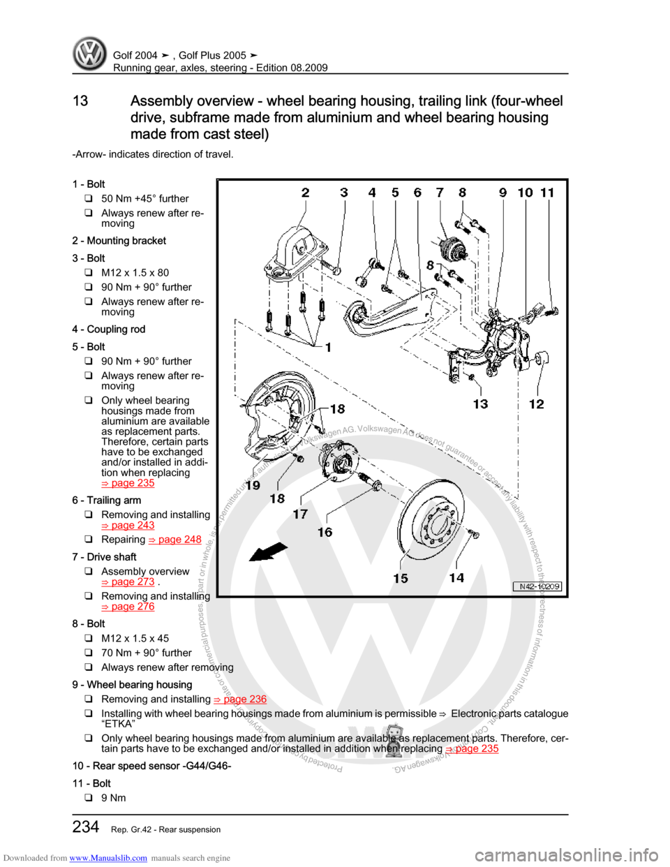 VOLKSWAGEN GOLF 2004 1J / 4.G Running Gear Axles Workshop Manual Downloaded from www.Manualslib.com manuals search engine Protected by copyright. Copying for private or commercial purposes, in partor in whole, is not permitted unless authorised by Volkswagen AG. Vo