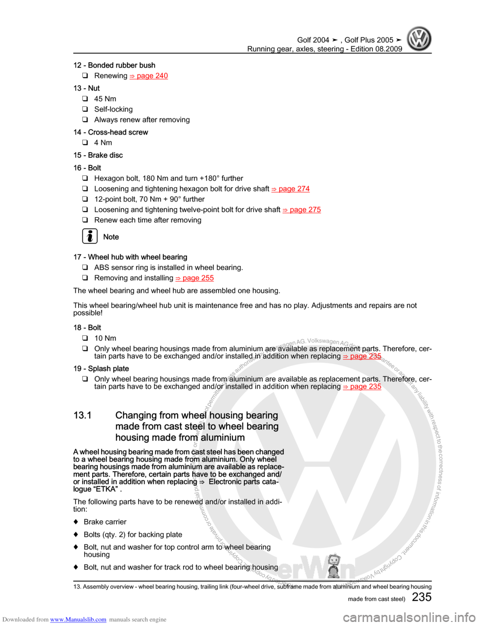 VOLKSWAGEN GOLF 2004 1J / 4.G Running Gear Axles Workshop Manual Downloaded from www.Manualslib.com manuals search engine Protected by copyright. Copying for private or commercial purposes, in partor in whole, is not permitted unless authorised by Volkswagen AG. Vo