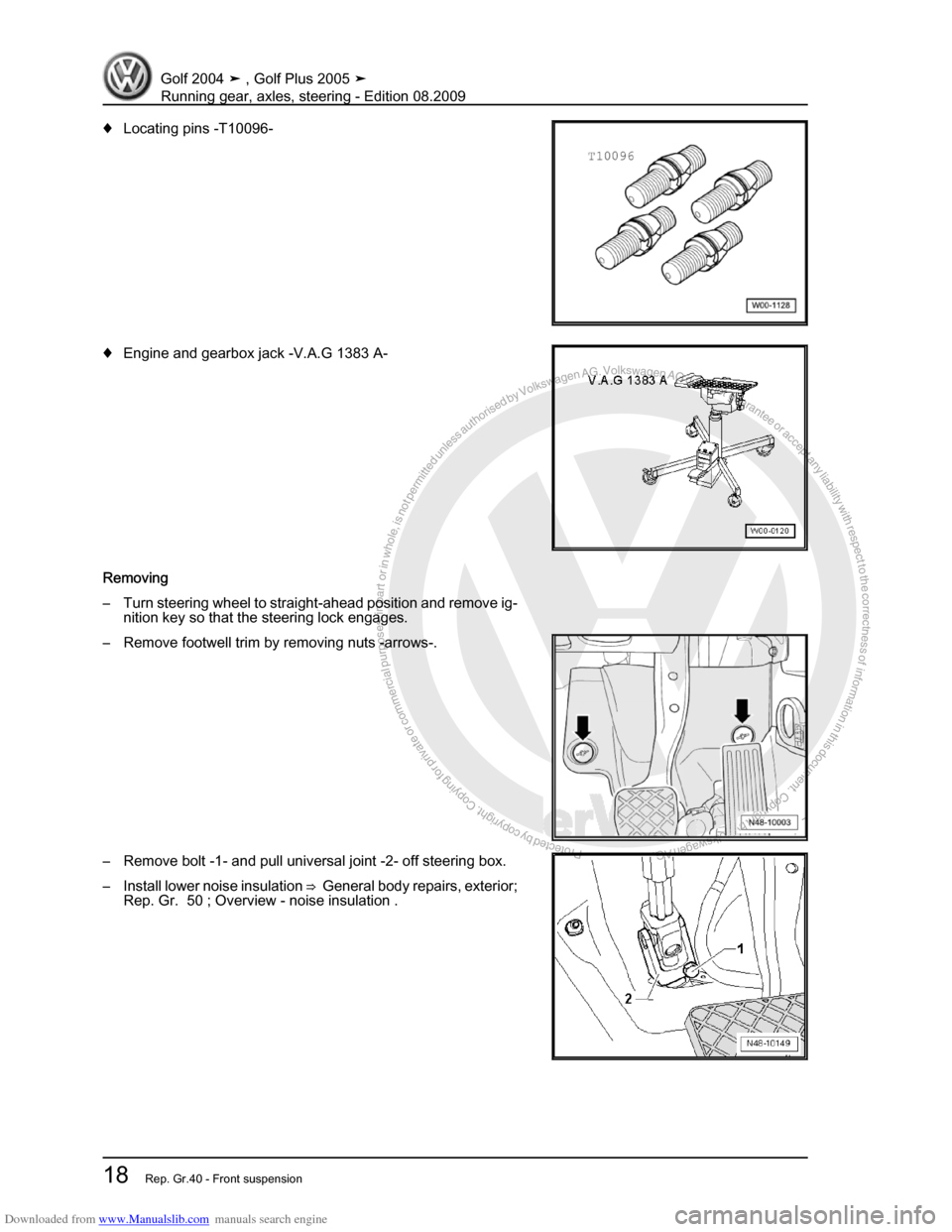 VOLKSWAGEN GOLF 2004 1J / 4.G Running Gear Axles Owners Manual Downloaded from www.Manualslib.com manuals search engine Protected by copyright. Copying for private or commercial purposes, in partor in whole, is not permitted unless authorised by Volkswagen AG. Vo