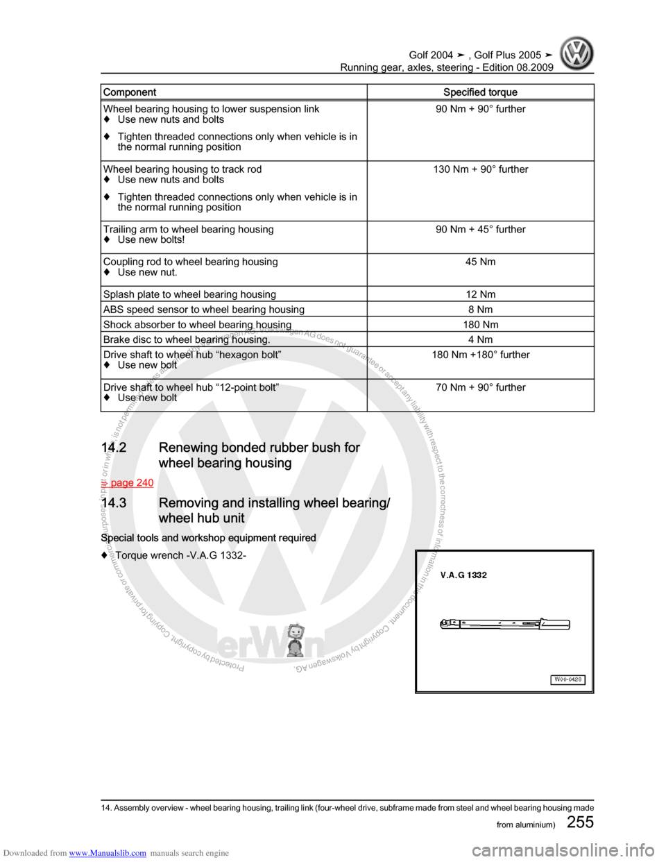 VOLKSWAGEN GOLF 2004 1J / 4.G Running Gear Axles Workshop Manual Downloaded from www.Manualslib.com manuals search engine Protected by copyright. Copying for private or commercial purposes, in partor in whole, is not permitted unless authorised by Volkswagen AG. Vo