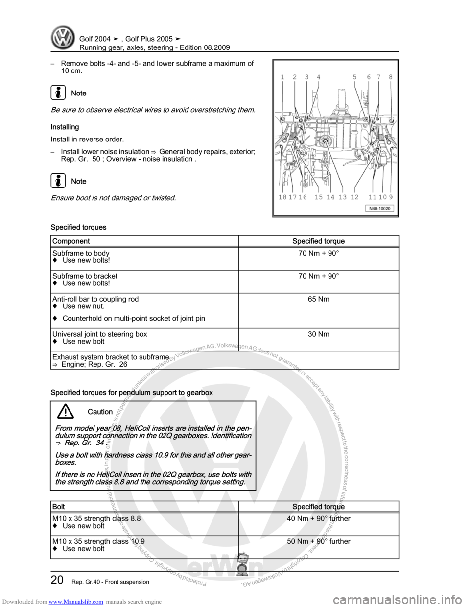 VOLKSWAGEN GOLF 2004 1J / 4.G Running Gear Axles Owners Manual Downloaded from www.Manualslib.com manuals search engine Protected by copyright. Copying for private or commercial purposes, in partor in whole, is not permitted unless authorised by Volkswagen AG. Vo