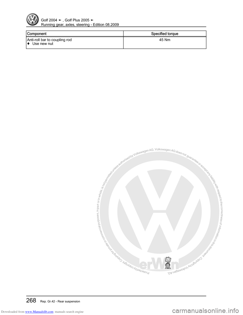 VOLKSWAGEN GOLF 2004 1J / 4.G Running Gear Axles Workshop Manual Downloaded from www.Manualslib.com manuals search engine Protected by copyright. Copying for private or commercial purposes, in partor in whole, is not permitted unless authorised by Volkswagen AG. Vo