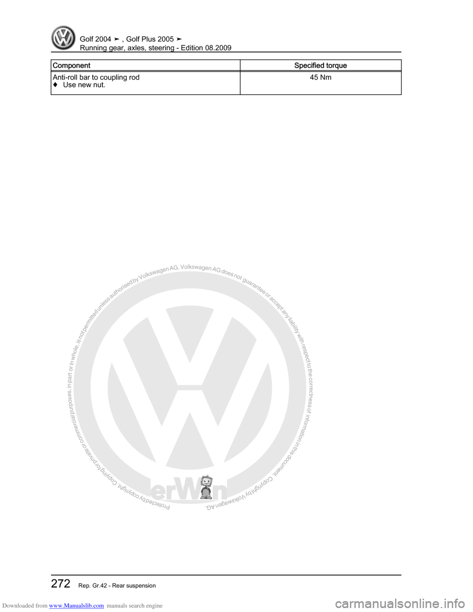 VOLKSWAGEN GOLF 2004 1J / 4.G Running Gear Axles Workshop Manual Downloaded from www.Manualslib.com manuals search engine Protected by copyright. Copying for private or commercial purposes, in partor in whole, is not permitted unless authorised by Volkswagen AG. Vo