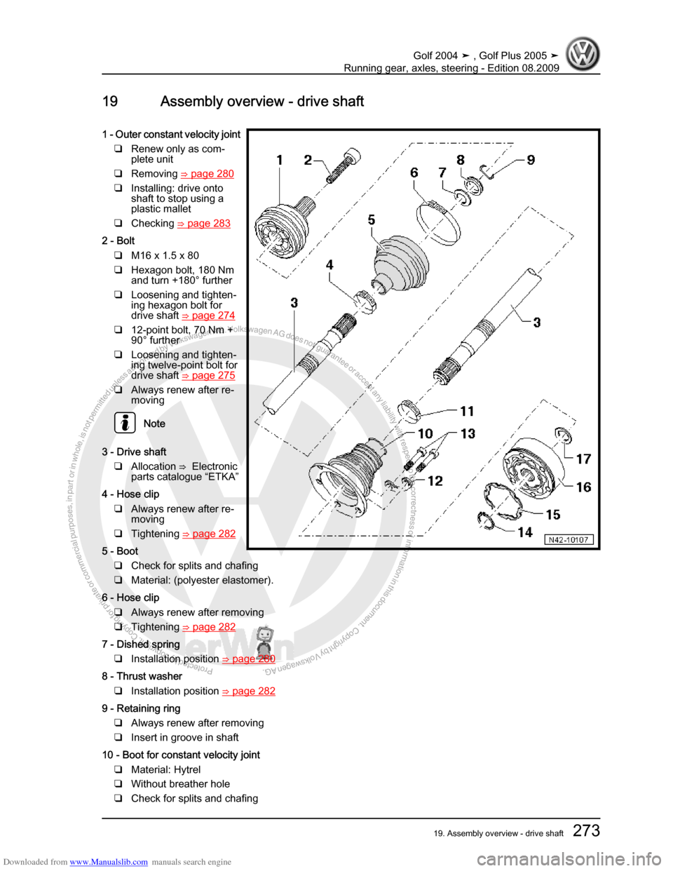 VOLKSWAGEN GOLF 2004 1J / 4.G Running Gear Axles Workshop Manual Downloaded from www.Manualslib.com manuals search engine Protected by copyright. Copying for private or commercial purposes, in partor in whole, is not permitted unless authorised by Volkswagen AG. Vo