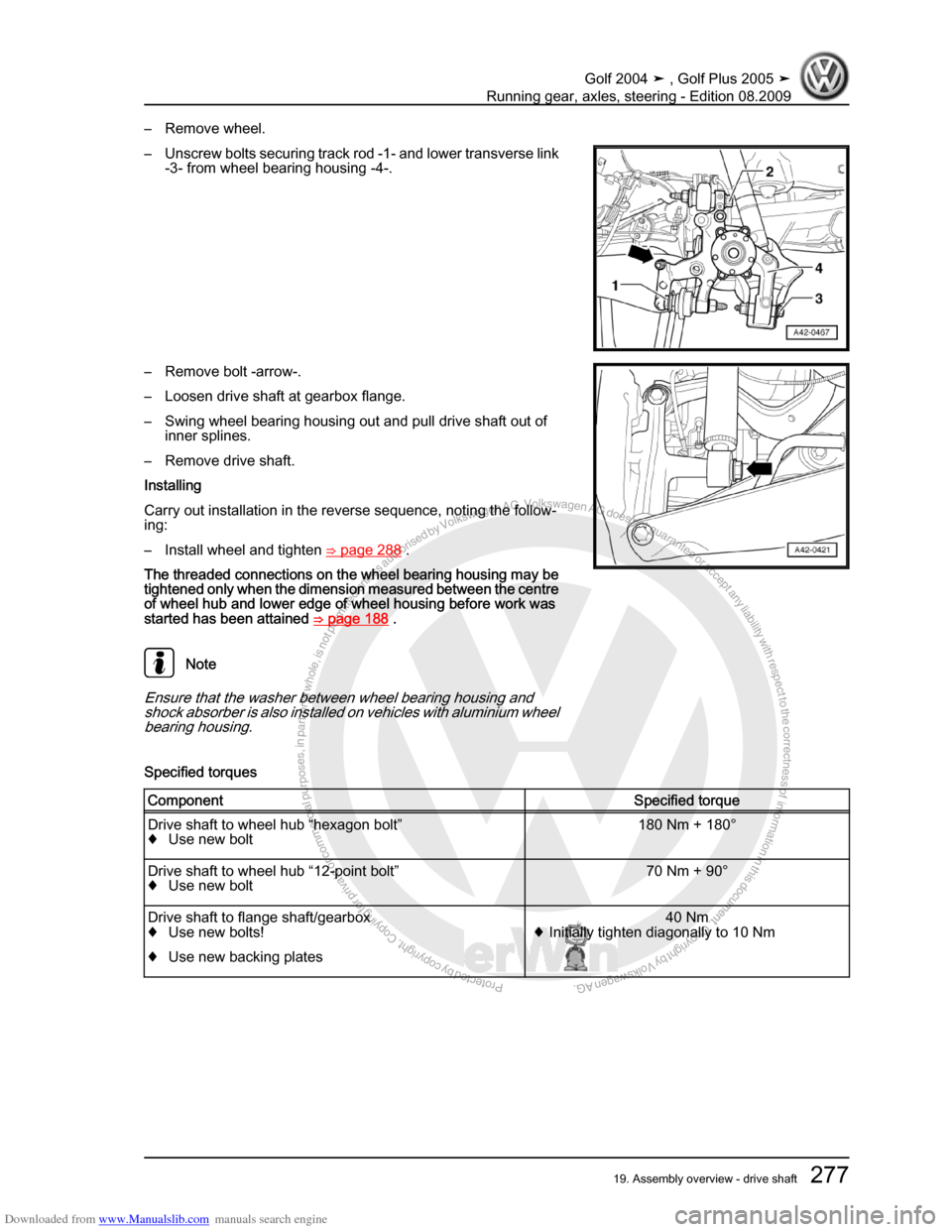 VOLKSWAGEN GOLF 2004 1J / 4.G Running Gear Axles Workshop Manual Downloaded from www.Manualslib.com manuals search engine Protected by copyright. Copying for private or commercial purposes, in partor in whole, is not permitted unless authorised by Volkswagen AG. Vo